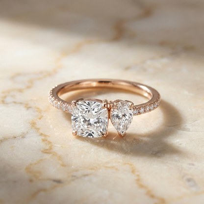 14K Rose Gold Diana Select Toi et Moi Cushion & Pear Pavé Band Lab Diamond Engagement Ring - Hero on warm marble