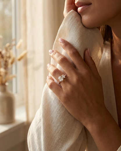 14K Rose Gold Diana Select Toi et Moi Cushion & Pear Pavé Band Lab Diamond Engagement Ring - Lifestyle scene with hand model