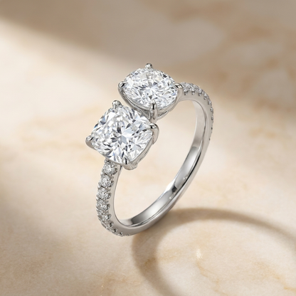 14K White Gold Diana Select Toi et Moi Cushion & Pear Pavé Band Lab Diamond Engagement Ring - Alt angle on warm marble