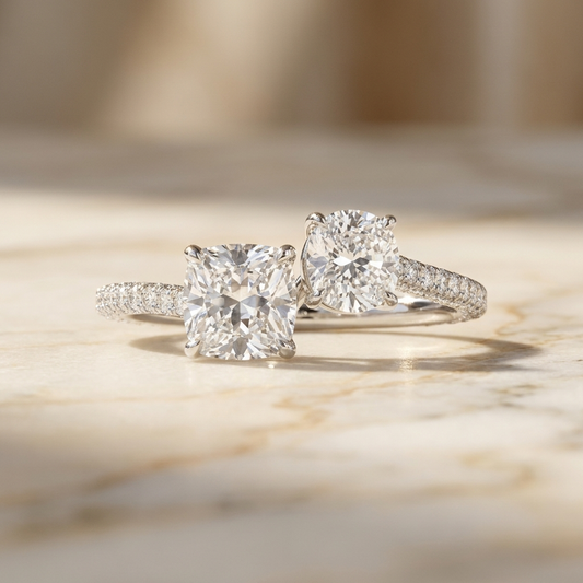 14K White Gold Diana Select Toi et Moi Cushion & Pear Pavé Band Lab Diamond Engagement Ring - Hero on warm marble
