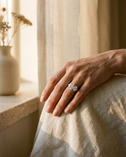 14K White Gold Diana Select Toi et Moi Cushion & Pear Pavé Band Lab Diamond Engagement Ring - Lifestyle scene with hand model