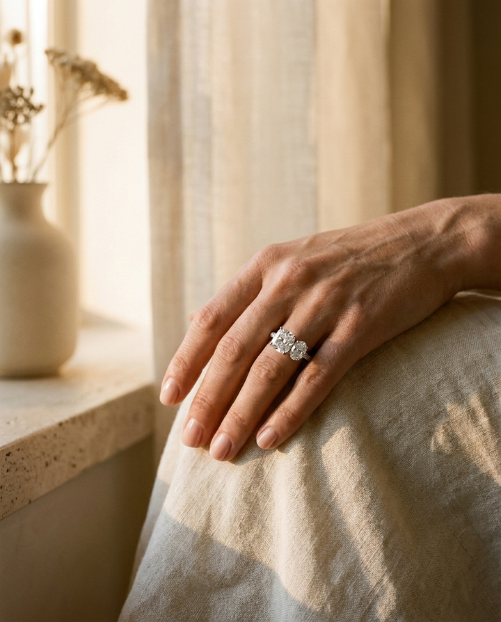 14K White Gold Diana Select Toi et Moi Cushion & Pear Pavé Band Lab Diamond Engagement Ring - Lifestyle scene with hand model