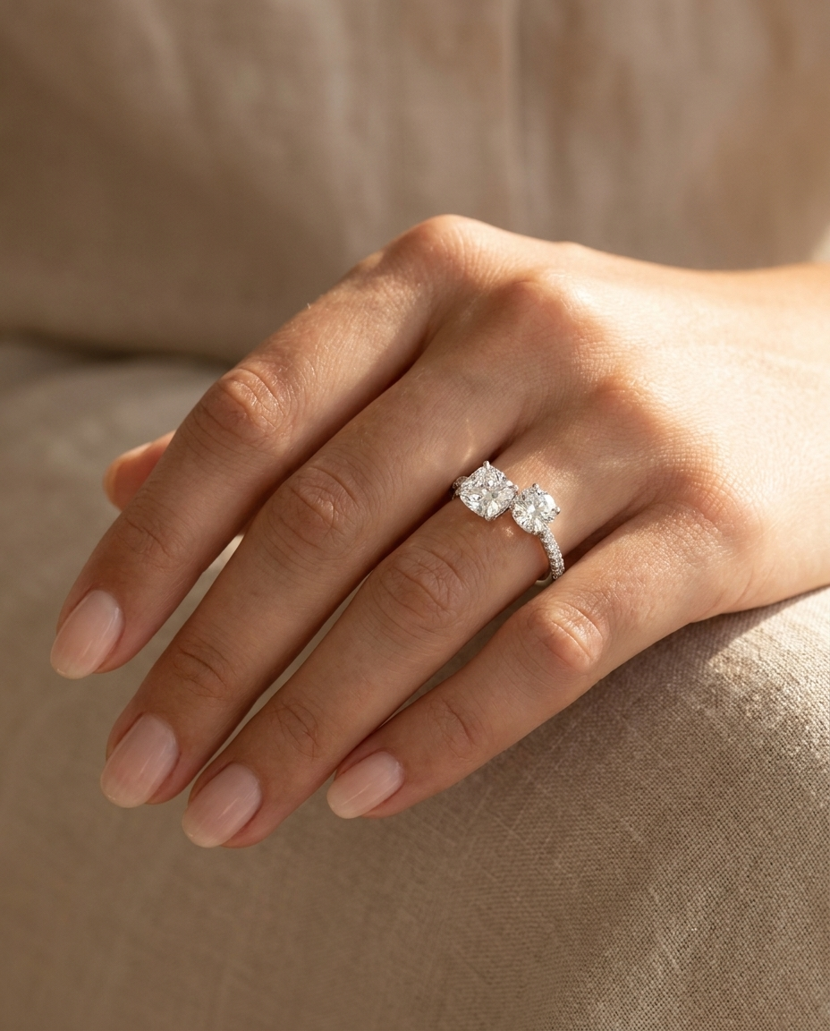 14K White Gold Diana Select Toi et Moi Cushion & Pear Pavé Band Lab Diamond Engagement Ring - Ring on hand model