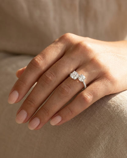 14K White Gold Diana Select Toi et Moi Cushion & Pear Pavé Band Lab Diamond Engagement Ring - Ring on hand model