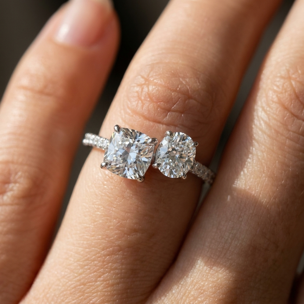 14K White Gold Diana Select Toi et Moi Cushion & Pear Pavé Band Lab Diamond Engagement Ring - Macro close-up on finger
