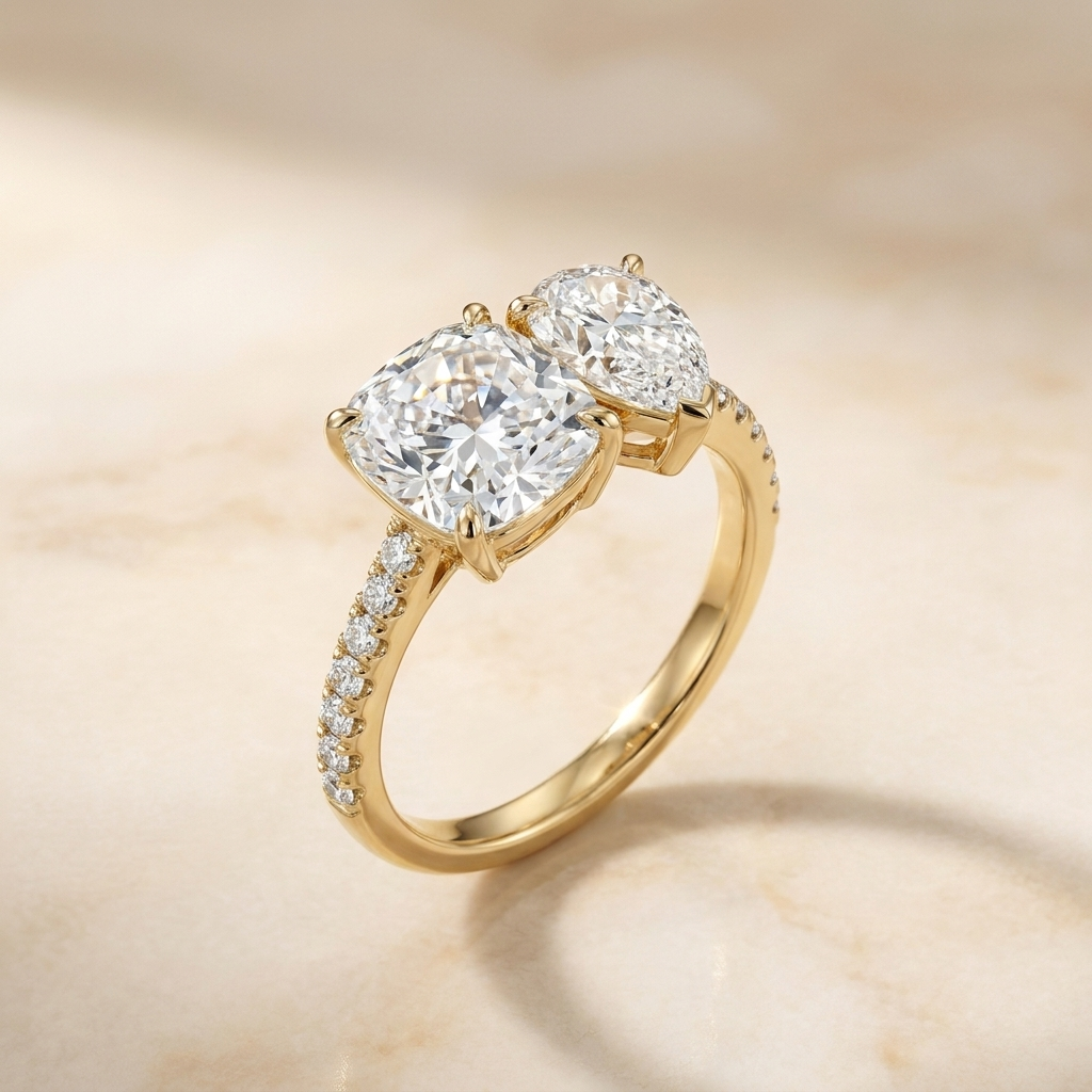 14K Yellow Gold Diana Select Toi et Moi Cushion & Pear Pavé Band Lab Diamond Engagement Ring - Alt angle on warm marble