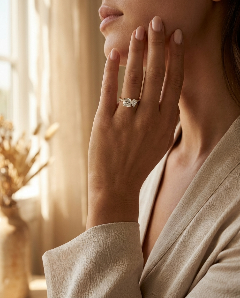 14K Yellow Gold Diana Select Toi et Moi Cushion & Pear Pavé Band Lab Diamond Engagement Ring - Lifestyle scene with hand model