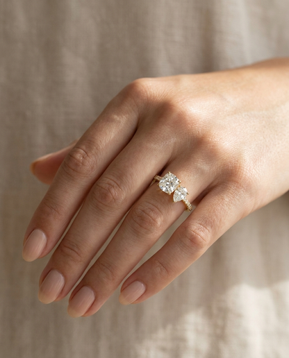 14K Yellow Gold Diana Select Toi et Moi Cushion & Pear Pavé Band Lab Diamond Engagement Ring - Ring on hand model