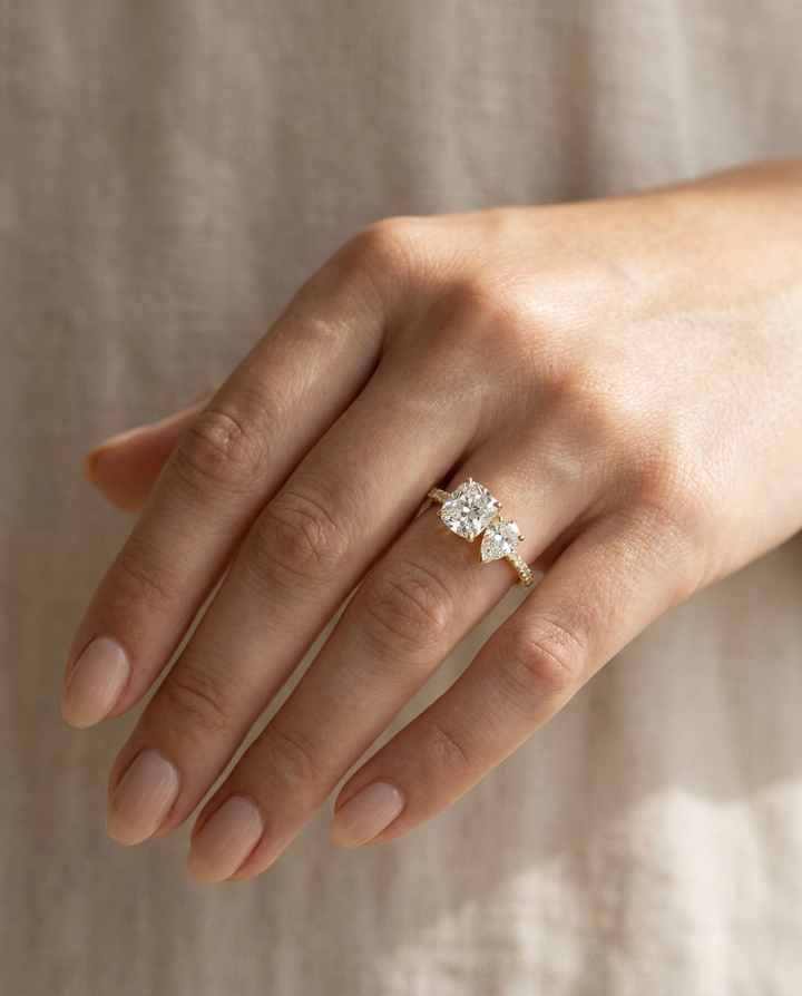 14K Yellow Gold Diana Select Toi et Moi Cushion & Pear Pavé Band Lab Diamond Engagement Ring - Ring on hand model