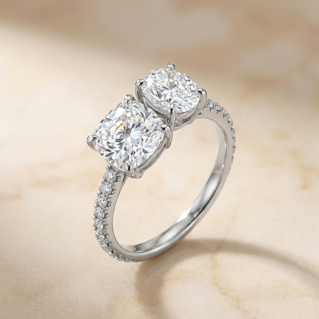 Select Tapered Baguette Three Stone Cut styling on The Diana cushion engagement ring setting | RockHer