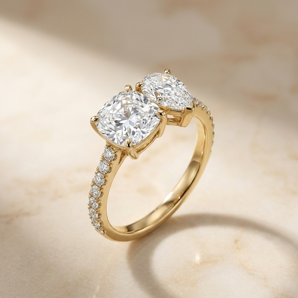 Select Tapered Baguette Three Stone Cut styling on The Diana cushion engagement ring setting | RockHer
