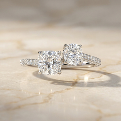 Platinum Diana Select Toi et Moi Cushion & Pear Pavé Band Lab Diamond Engagement Ring - Hero on warm marble
