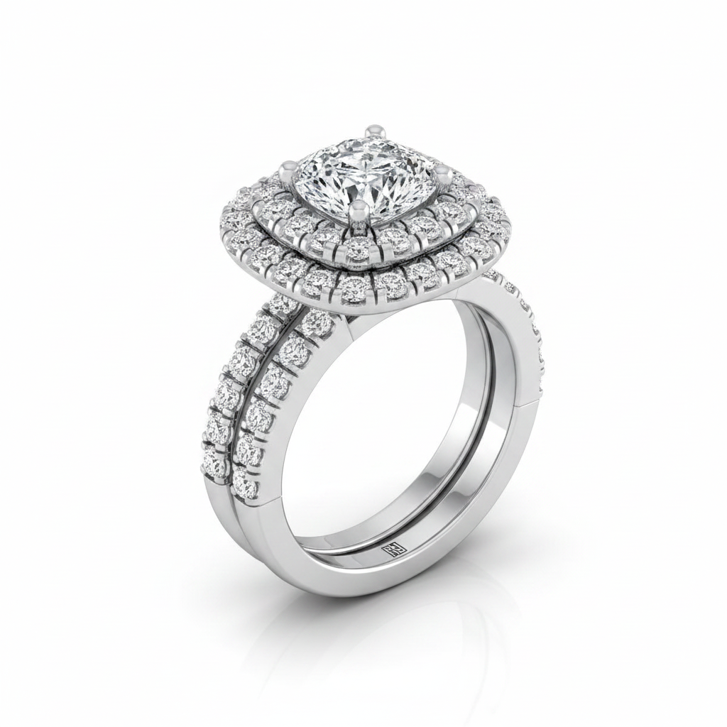 The Dinah Matching Wedding Band, Cushion in 18K White Gold