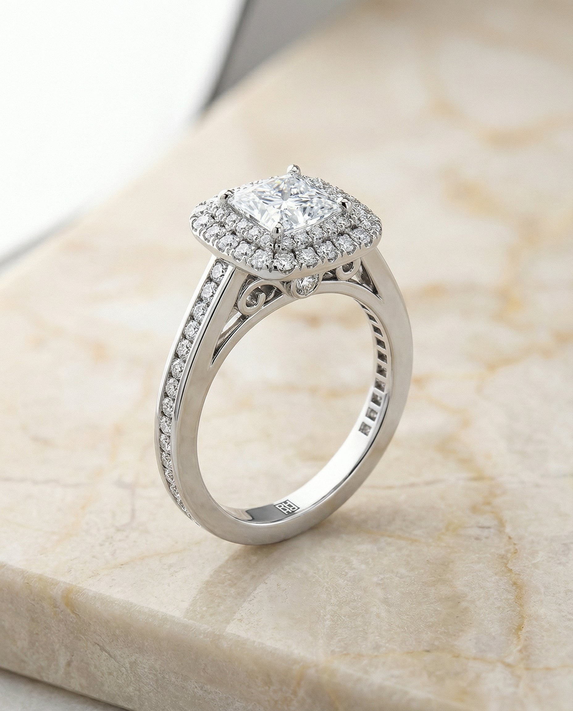 Double Halo styling on The Cecilia princess engagement ring setting | RockHer
