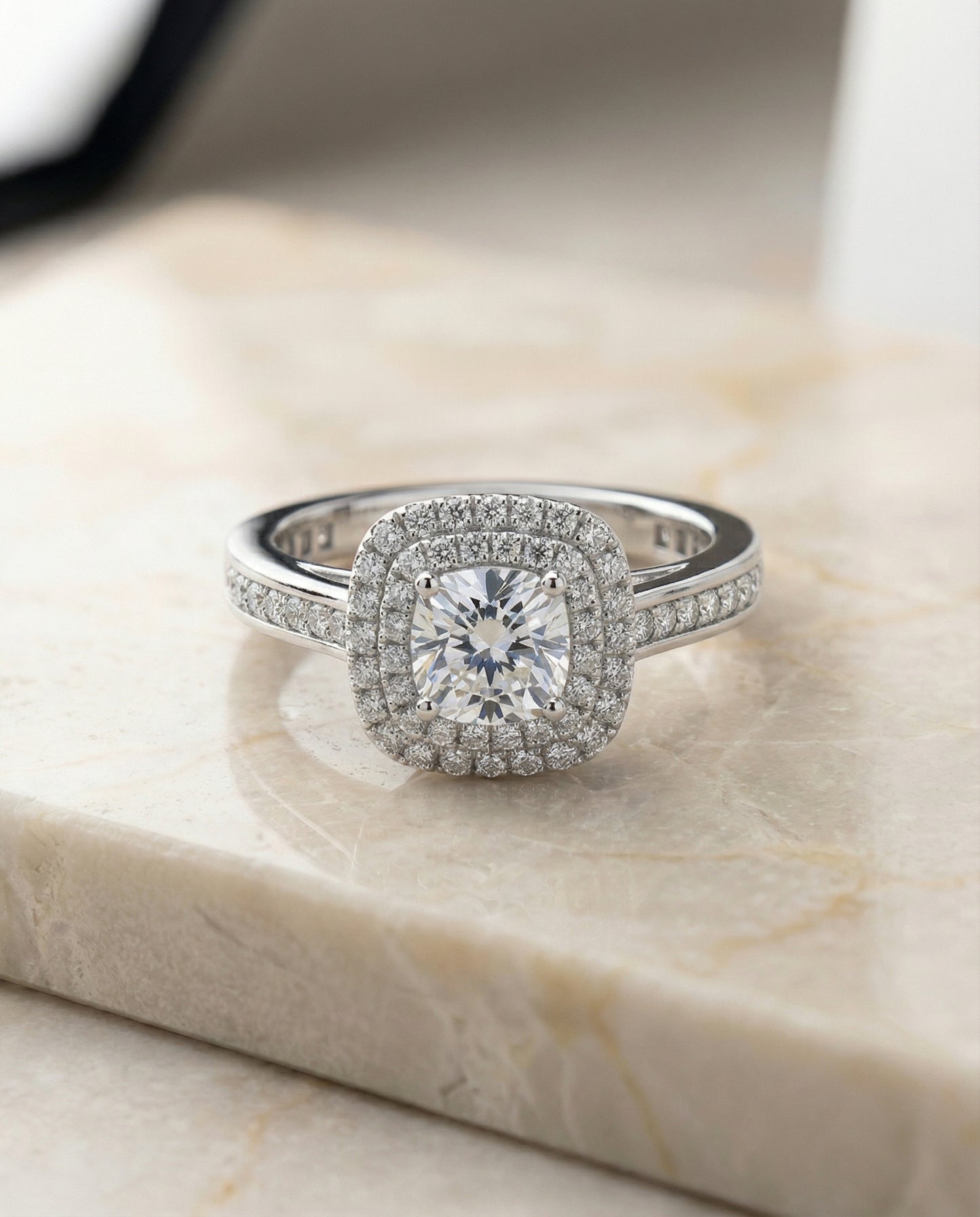 Double Halo Channel Band Princess, in Platinum, pave setting – front view | RockHer