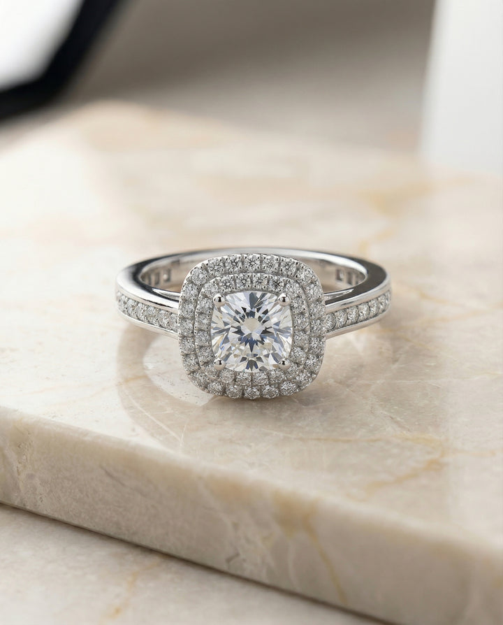 Double Halo Channel Band Princess, in Platinum, pave setting – front view | RockHer