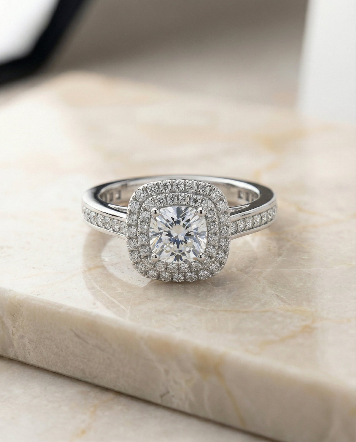 Cecilia Select Double Halo Princess Cut Lab Diamond Engagement Ring in 18K White Gold, front view | RockHer