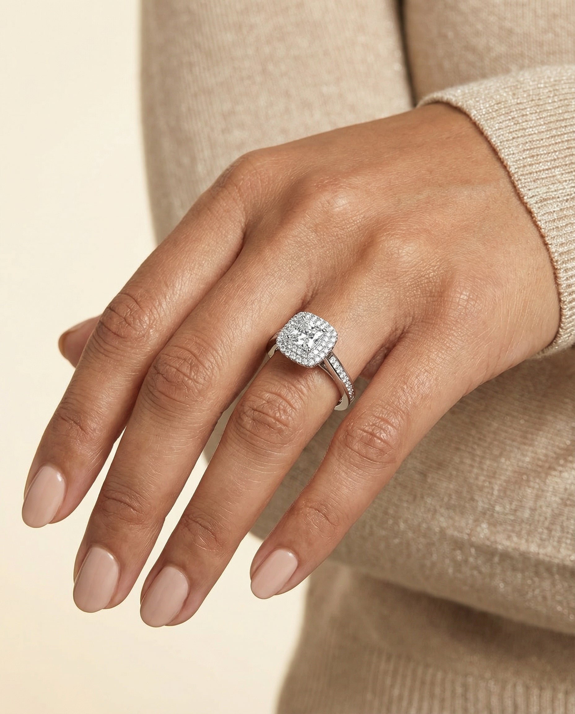 Cecilia Select Double Halo Princess Cut Lab Diamond Engagement Ring in 18K White Gold, shown on hand, angled | RockHer