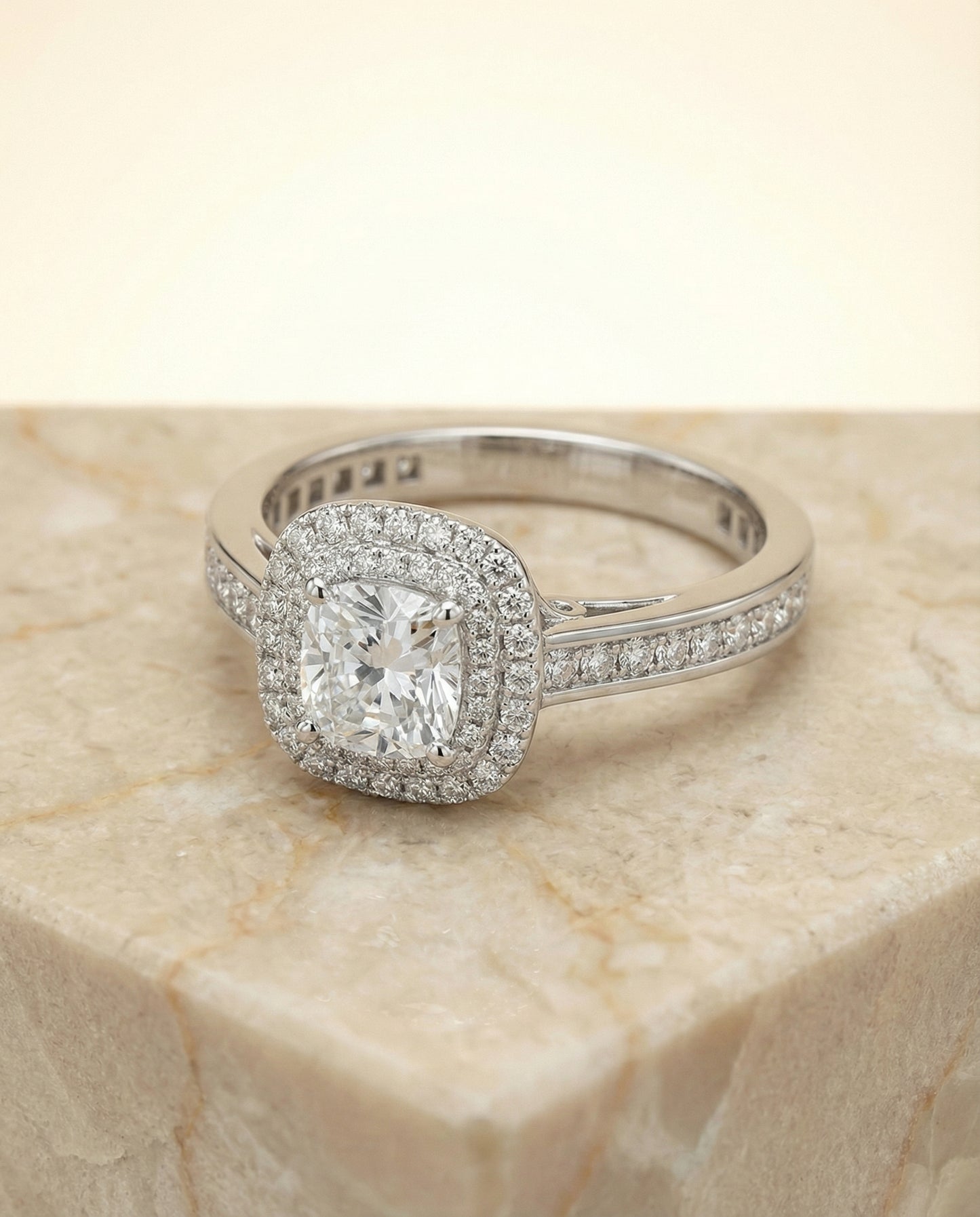 Double Halo Channel Band Princess, in Platinum, pave setting – side profile | RockHer