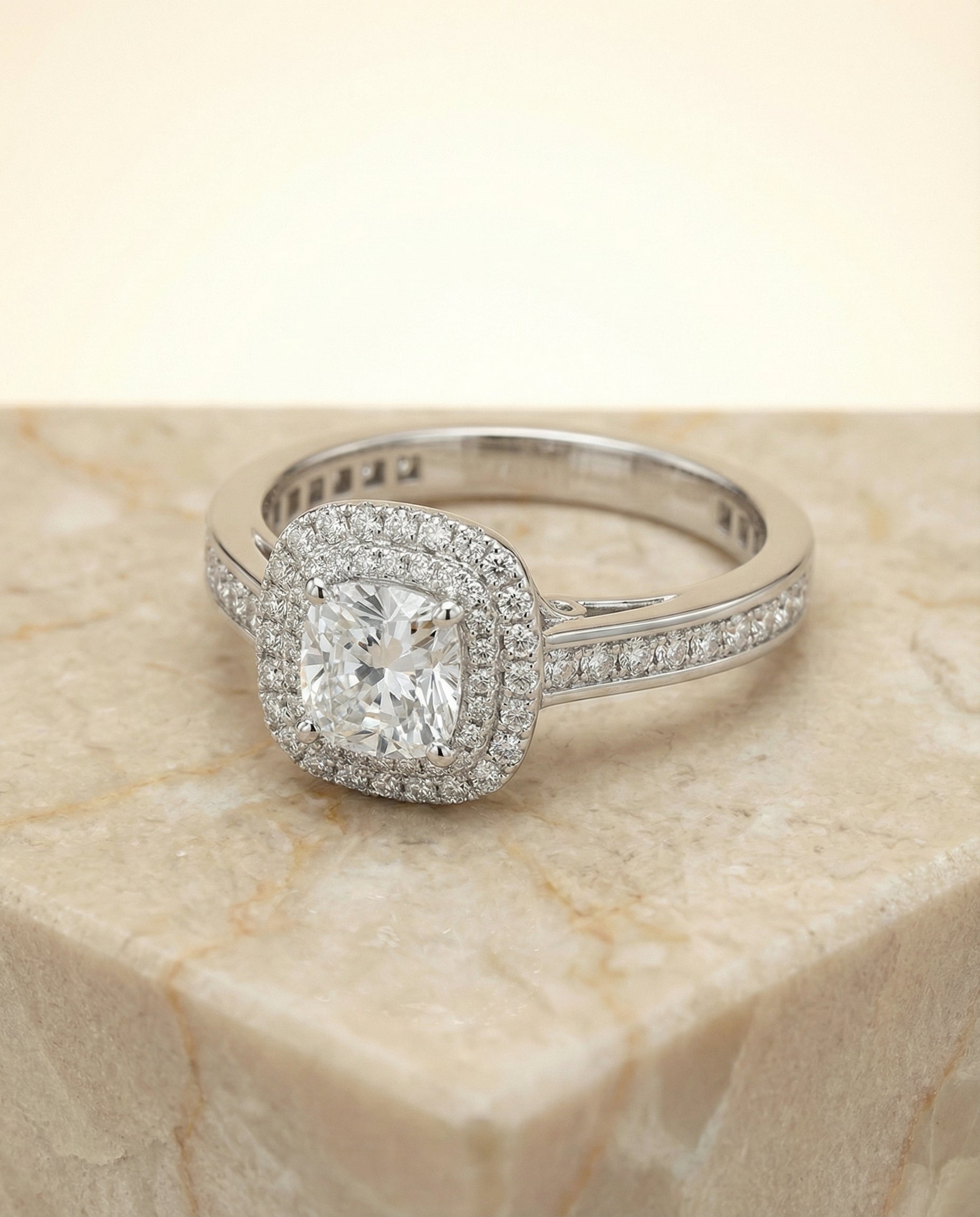 Cecilia Select Double Halo Princess Cut Lab Diamond Engagement Ring in 18K White Gold, side view | RockHer