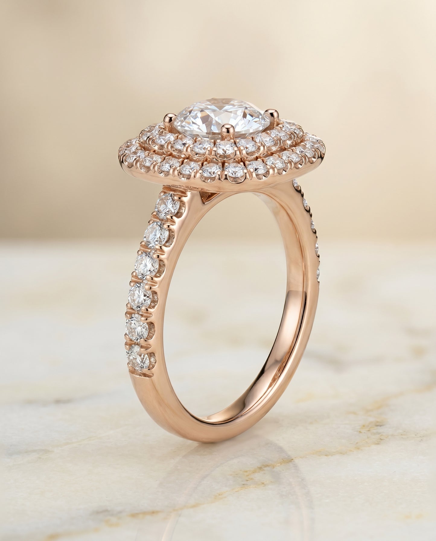 Round Brilliant, Double Halo French Pavé, in 14K Rose Gold, pave setting – front view | RockHer