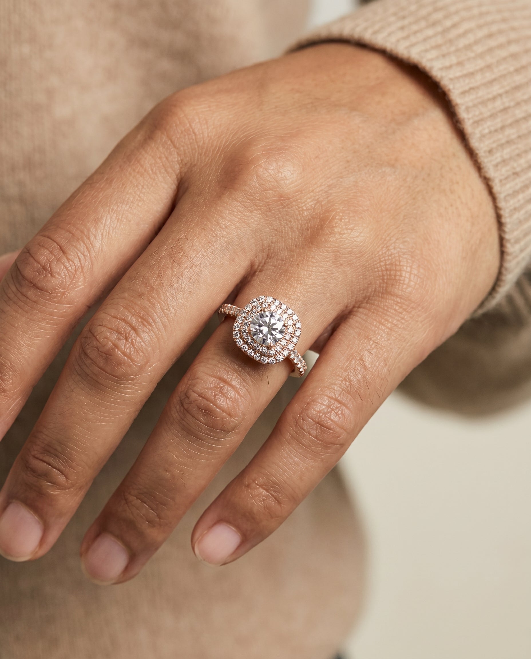 The Dixie engagement ring setting in 14K Rose Gold, double halo design | RockHer