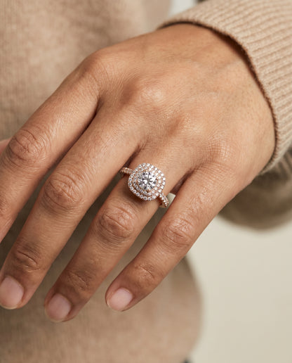 Round Brilliant, Double Halo French Pavé, in 14K Rose Gold, pave setting – lifestyle shot | RockHer