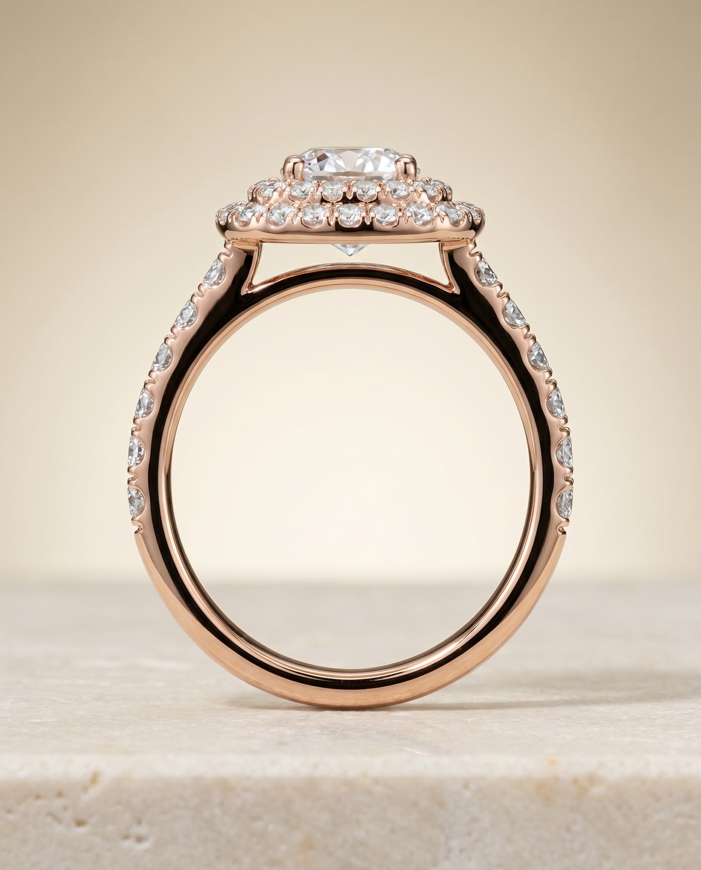 Round Brilliant, Double Halo French Pavé, in 14K Rose Gold, pave setting – side profile | RockHer