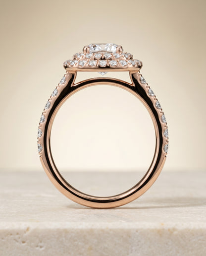Round Brilliant, Double Halo French Pavé, in 14K Rose Gold, pave setting – side profile | RockHer