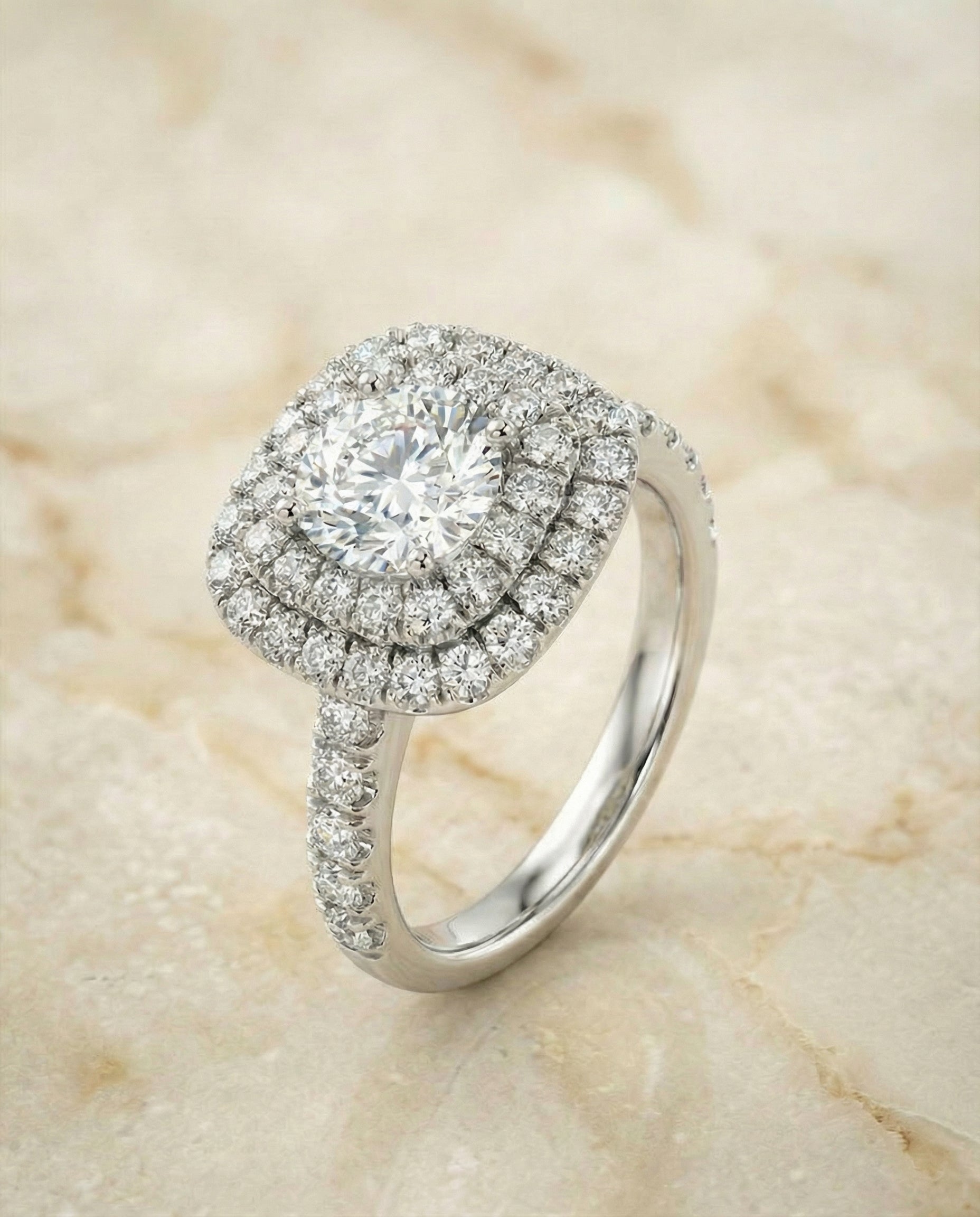 Dixie Select Double Halo Round Lab Diamond Engagement Ring in 18K White Gold, alternate angle | RockHer