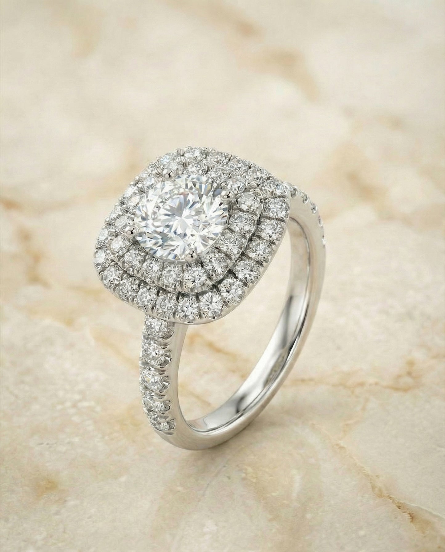 Double Halo French Pavé in 18K White Gold