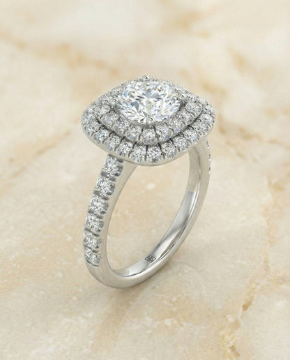 Round Brilliant, Double Halo French Pavé, in Platinum, pave setting – angled view | RockHer