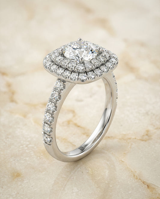 Double Halo French Pavé Engagement Ring Setting in 14K White Gold