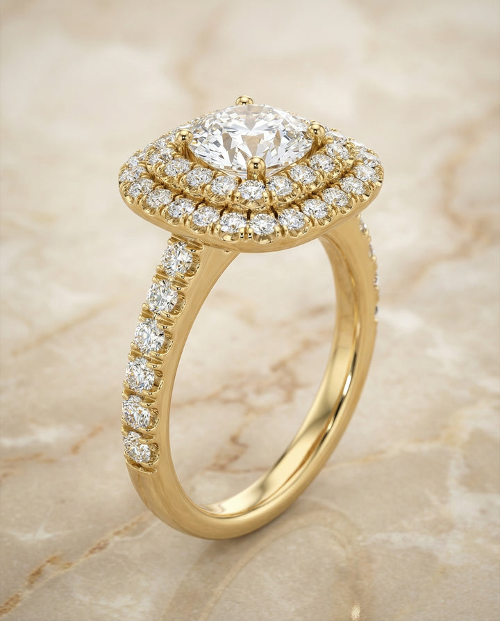 Round Brilliant, Double Halo French Pavé, in 18K Yellow Gold, pave setting – angled view | RockHer