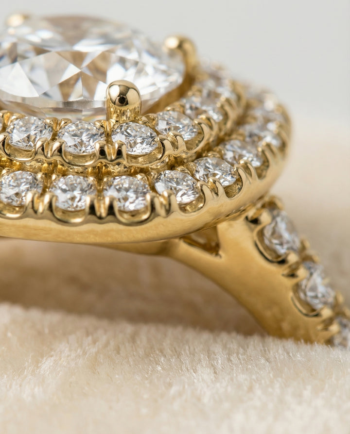 Round Brilliant, Double Halo French Pavé, in 18K Yellow Gold, pave setting – detail view | RockHer