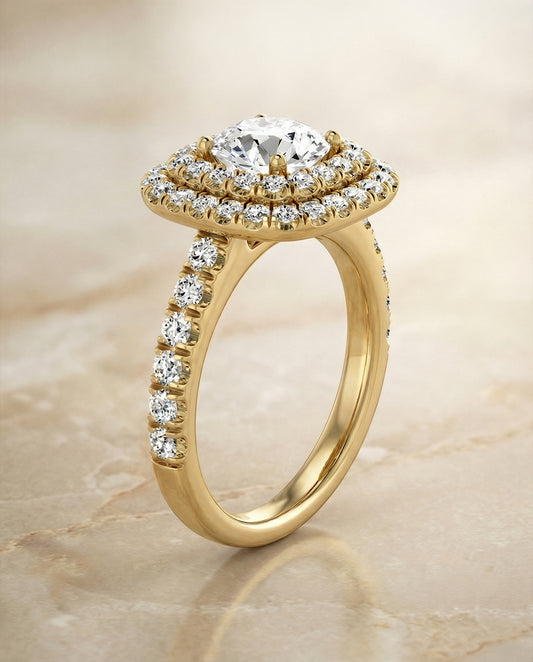 Double Halo French Pavé Engagement Ring Setting in 14K Yellow Gold