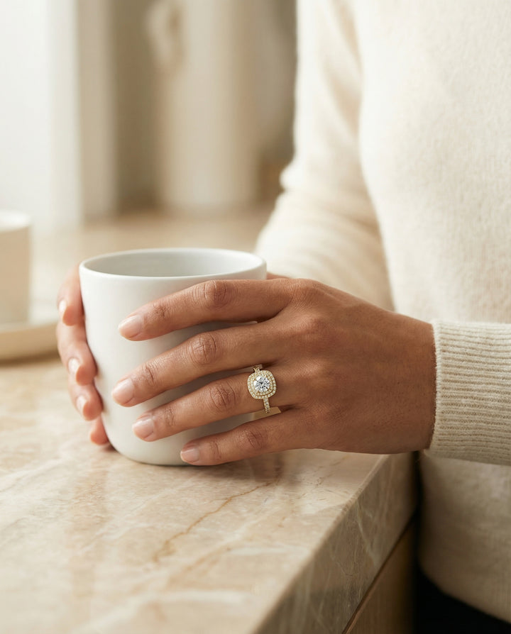 Round Brilliant, Double Halo French Pavé, in 18K Yellow Gold, pave setting – lifestyle shot | RockHer