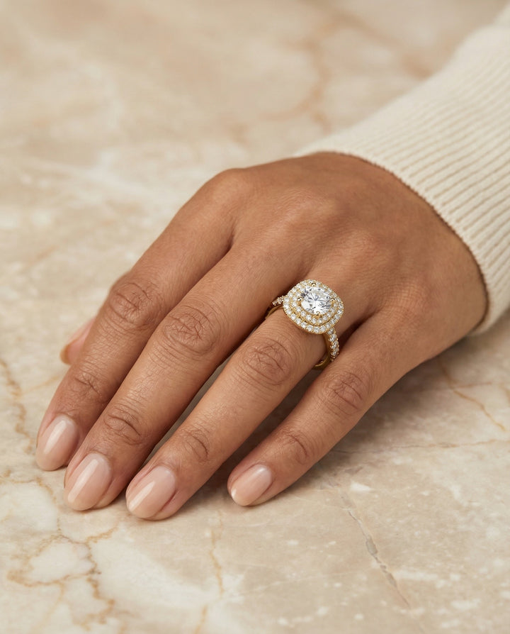 The Dixie Select Double Halo French Pave Solitaire Engagement Ring with Lab Diamond in 14K Yellow Gold — view 3