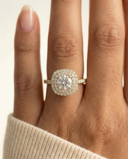 Dixie Select double halo french pavé round ring in 18K Yellow Gold — front — RockHer