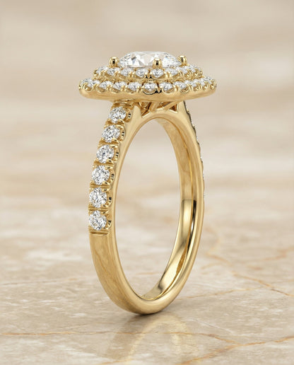 Dixie Select double halo french pavé round ring in 18K Yellow Gold — side — RockHer