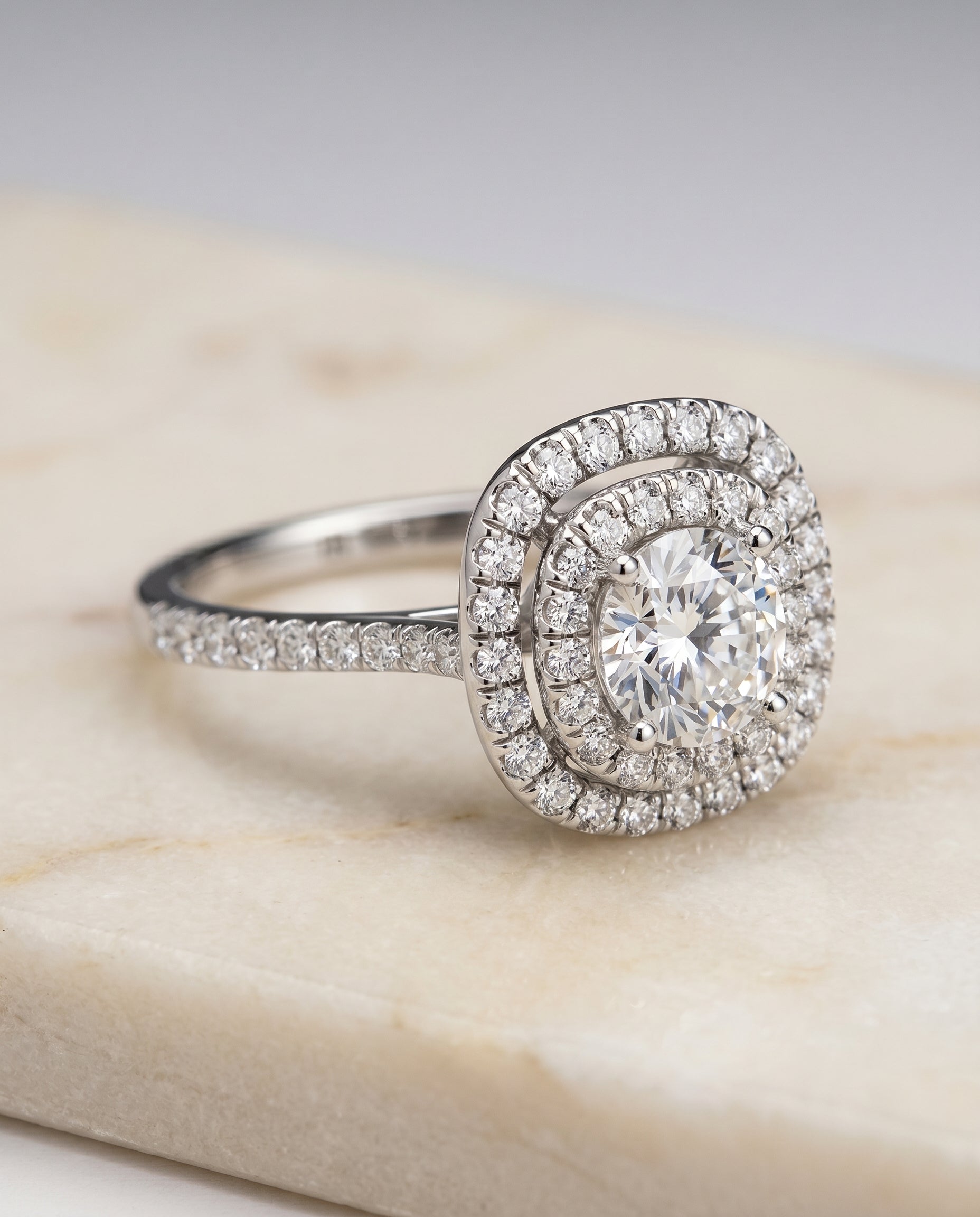 Cadence Select Double Halo Cushion Cut Lab Diamond Engagement Ring in Platinum, alternate angle | RockHer