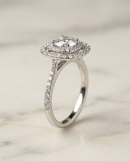 Double Halo Scalloped Pavé Cushion, in Platinum, pave setting – front view | RockHer