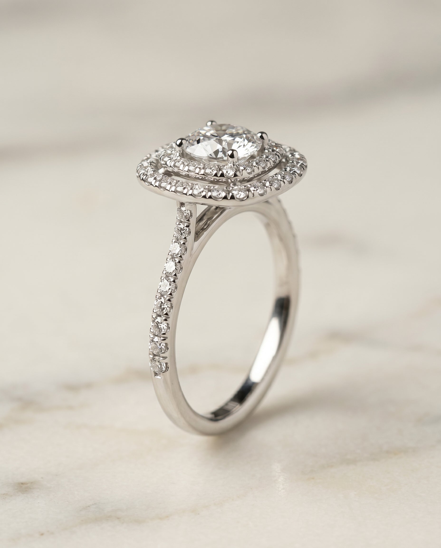 Cadence Select Double Halo Cushion Cut Lab Diamond Engagement Ring in 18K White Gold, front view | RockHer