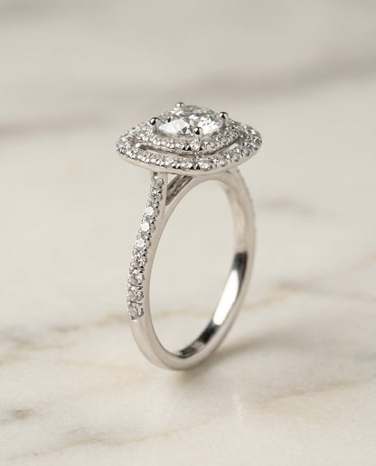 Cadence Select Double Halo Cushion Cut Lab Diamond Engagement Ring in Platinum, front view | RockHer