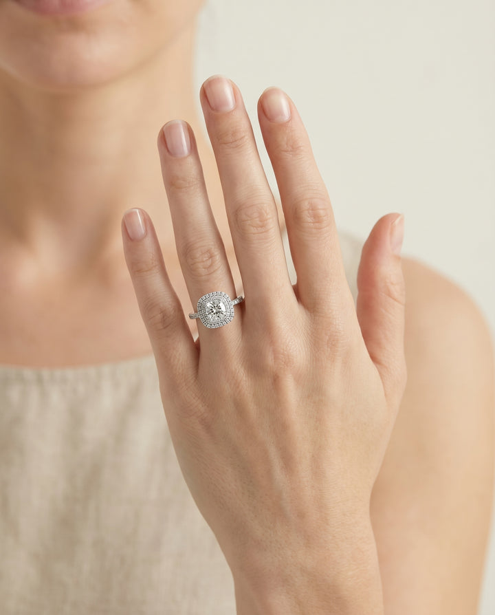 Double Halo Scalloped Pavé Cushion, in Platinum, pave setting – lifestyle shot | RockHer