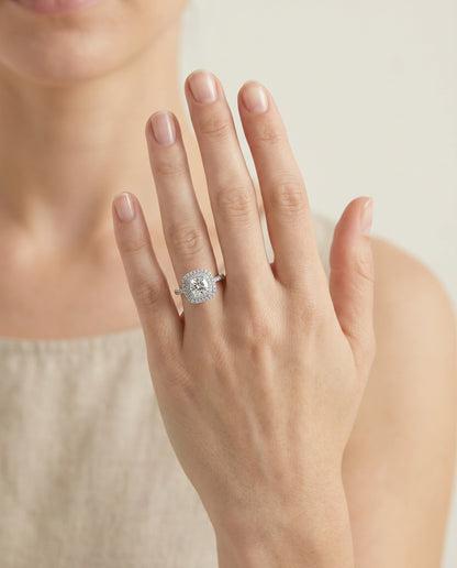 Cadence Select Double Halo Cushion Cut Lab Diamond Engagement Ring in 14K White Gold, shown on hand | RockHer