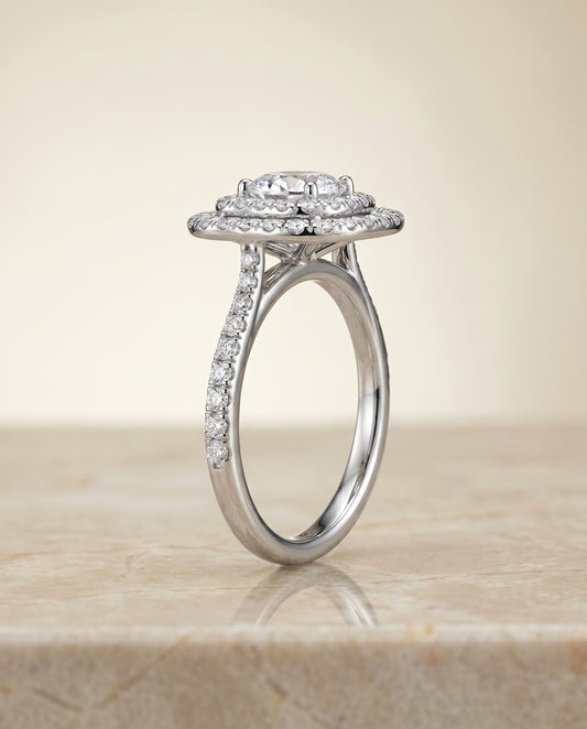 Double Halo Scalloped Pavé Cushion in Platinum
