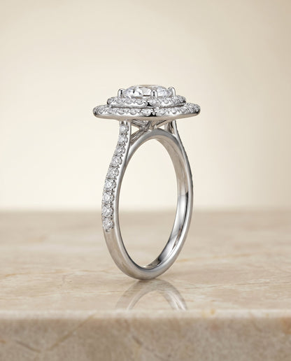 Cadence Select Double Halo Cushion Cut Lab Diamond Engagement Ring in 18K White Gold, side view | RockHer