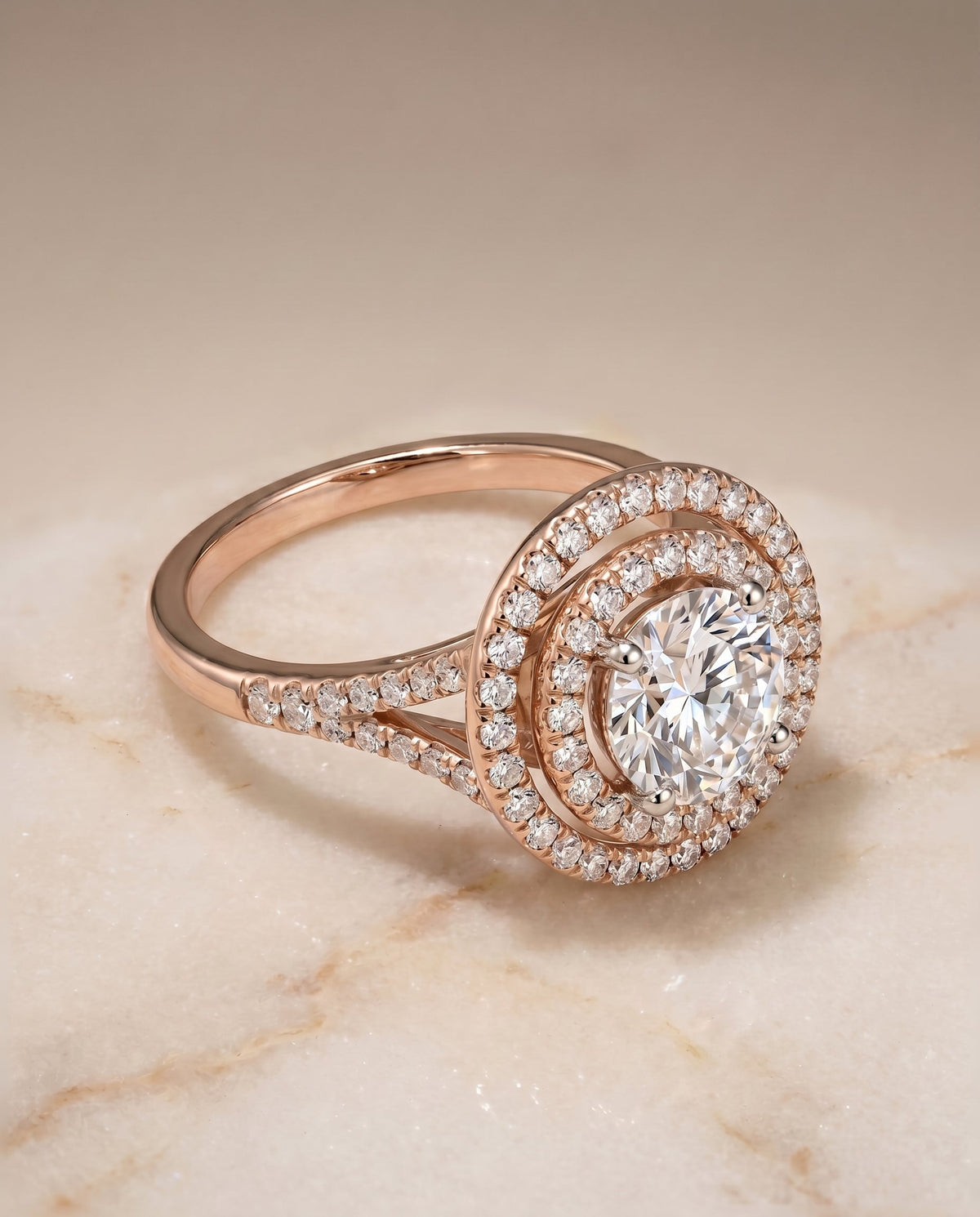 Nedda Select Double Halo Round Lab Diamond Engagement Ring in 14K Rose Gold, alternate angle | RockHer