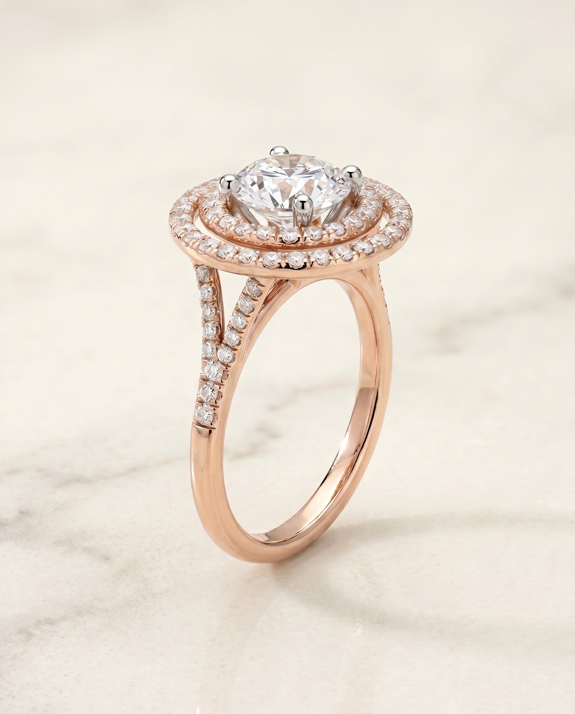 Double Halo styling on The Nedda round engagement ring setting | RockHer